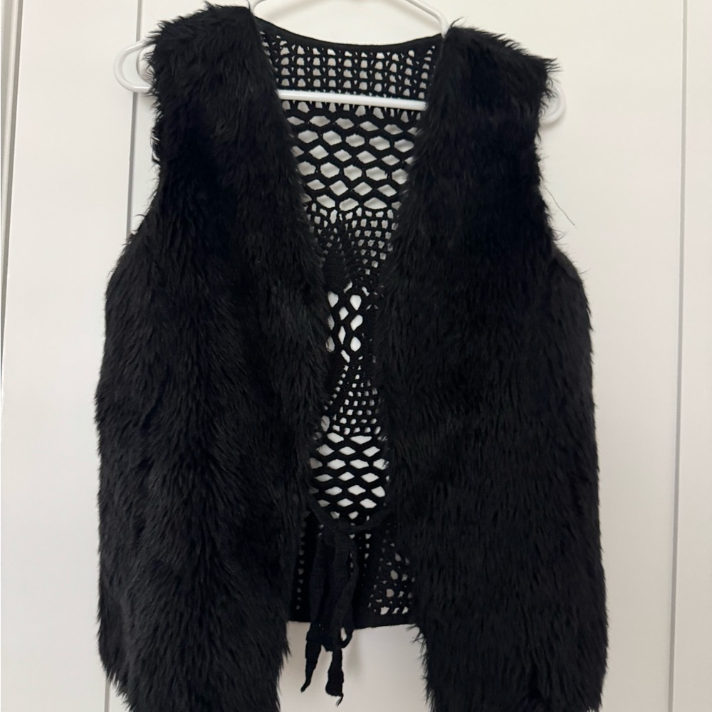 Roper size medium Black Faux Fur Vest with Crochet Back.